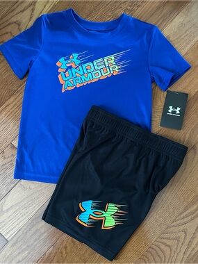 Under Armour Toddler 4T Boys Active Set - Blue & Black with Neon Logo NWT